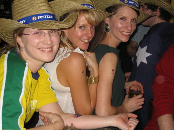 Anji, Rachael and Bron - working the Fosters hat / fake tattoo look