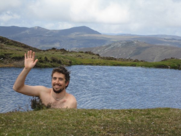Dav 'having a dip' in a lake high up in the mountains