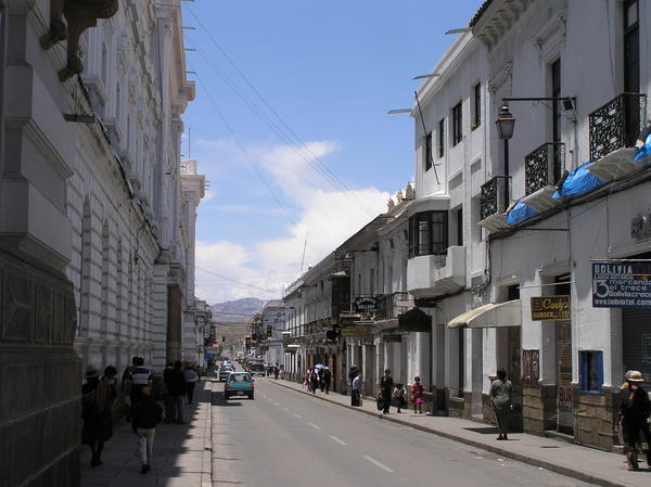 A typical Sucre street, white colonial style buildings