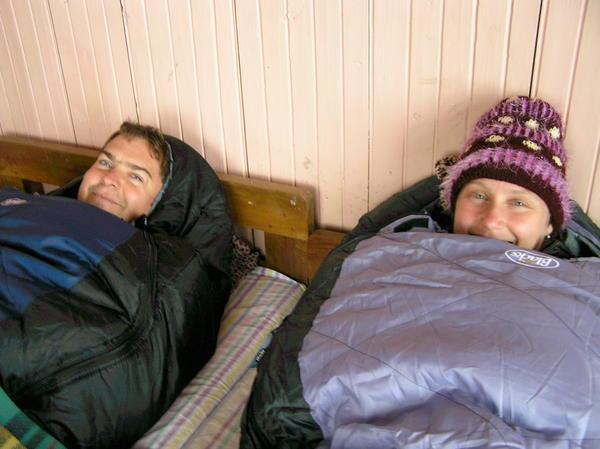 Dave & Bronia keeping warm in our sleeping bags