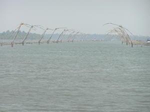 Passing through rows of chinese fishing nets in a lagoon