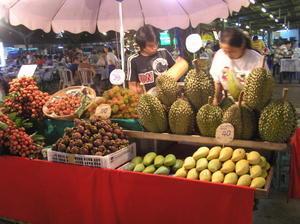 Night stall in Chang Mai selling Durian, Rambutan, Lychees - we must be somewhere tropical !