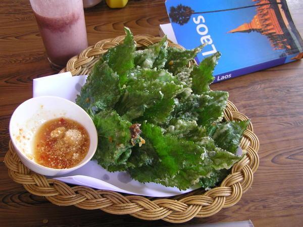 A taste of Laos - crispy mulberry leaves with chilli sauce, a mulberry shake & the Laos Lonely Planet