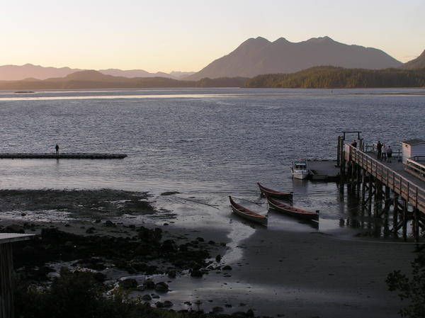 The view at sunset across to Mears Island, the local Native Indian community from the town of Tofino