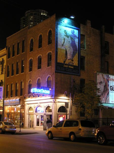 The neon blue sign of "Blue Chicago" blues music club