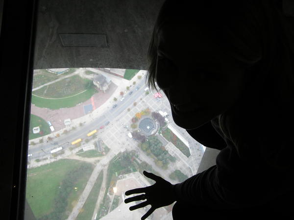 Bronia sitting on the glass floor at the top of the CN Tower