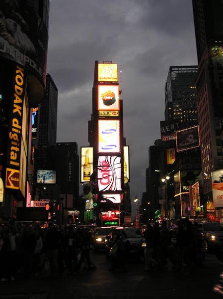 Times Square as night falls in the Big Apple