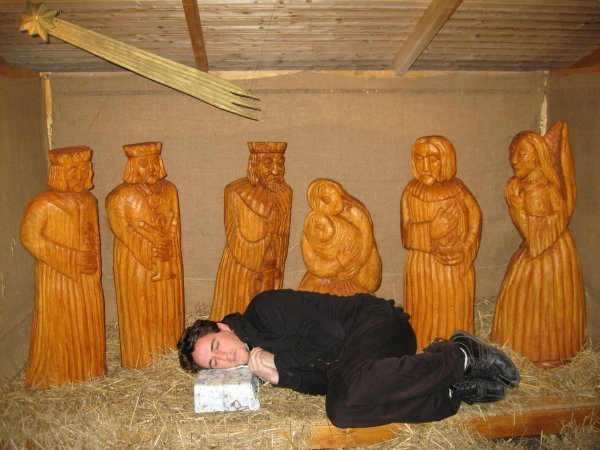 so Brian decided he's sleep in the Nativity scene for the night