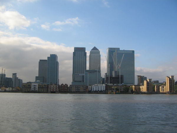 View of the Canary Wharf skyscrapers across the Thames