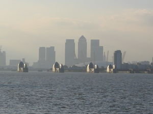 View of Canary Wharf and Thames Barrier from Woolwich Ferry