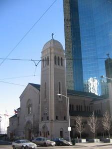 A church and a skyscraper