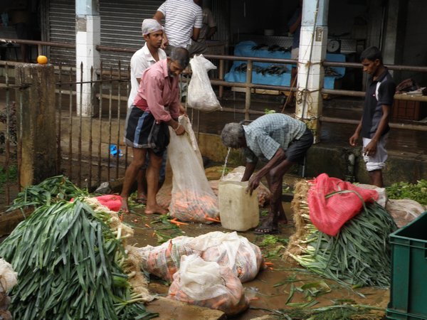 Washing vegetables at Kandy Central Market