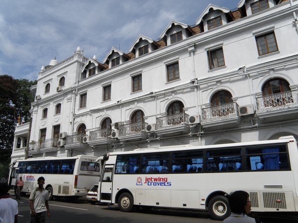 Our buses in front of Queens Hotel, Kandy