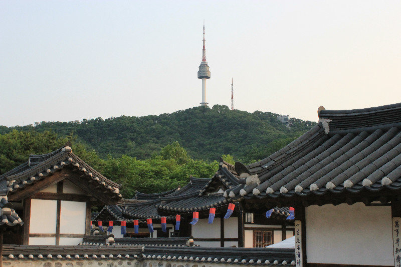 Seoul tower behind the rooftops