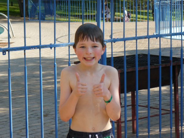Henry gives the seven swimming pools and waterslides at Baddplas the thumbs up