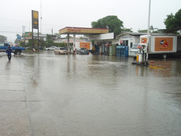 A flooded gas station