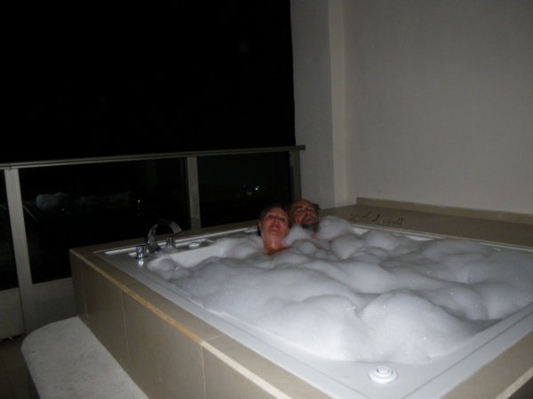 Us in our private hot tub on our balcony