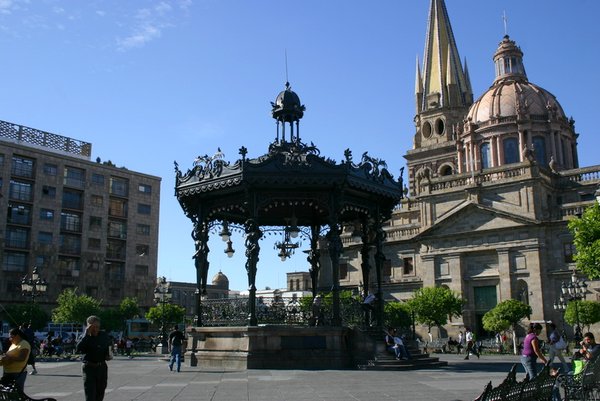 Liberation Plaza with bandstand and church