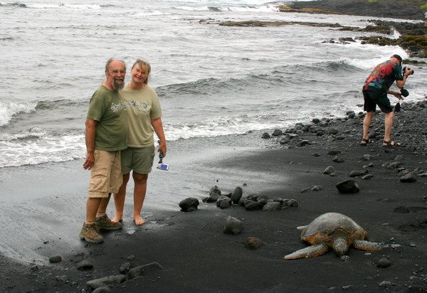 Us by the sea turtle at Punaluu Black Sand Beach
