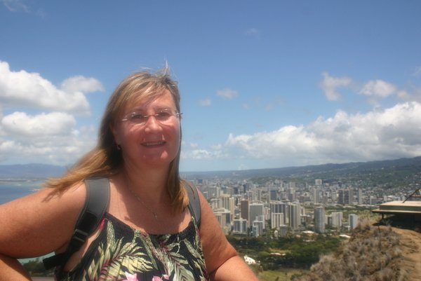 At the top of Diamond Head with view of Waikiki