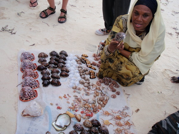Narrinan Jiddawi (professor at IMS) and shells for sale on the beach