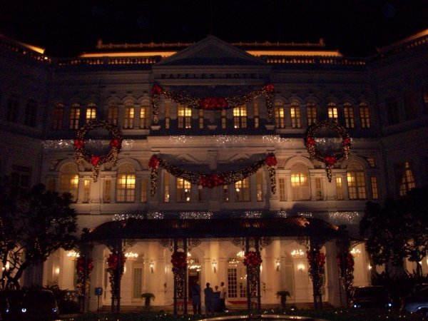 Raffles hotel lit up with Christmas lights