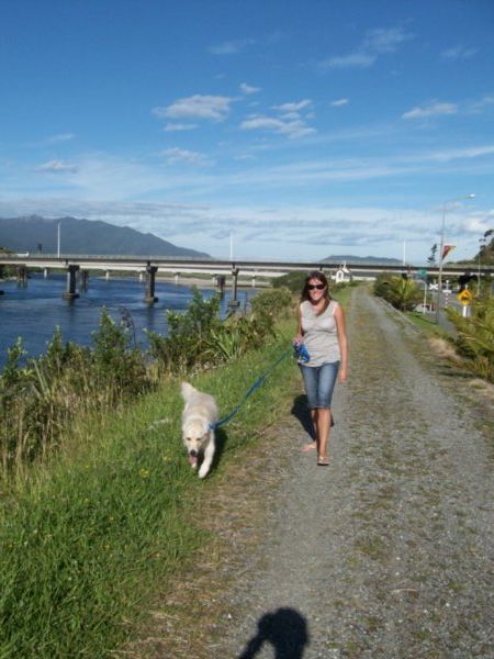 Taking Bez for a walk in Greymouth