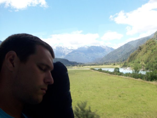 Ian missing all the beautiful views as we pulled into Franz Josef