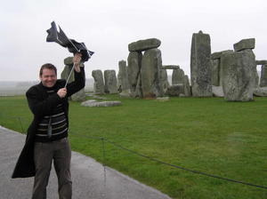 Sean battling the weather at Stonehenge