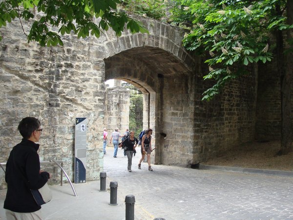 Pilgrims entering the old town gate into Pamplona