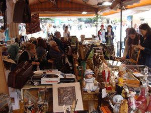 Checking out second hand trinkets at an open-air market