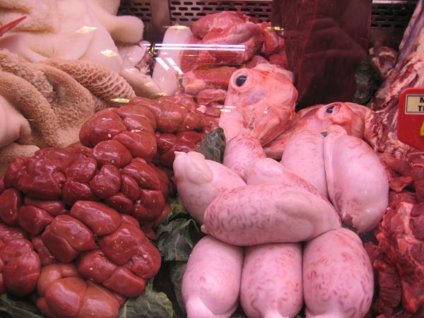lamb heads, cow testicles, cow stomach.. and no idea what the hell that thing on the left is... 