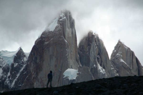 Silhouette dwarfed by Cerro Torre