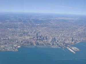 A view of Chicago and Lake Michigan from the plane