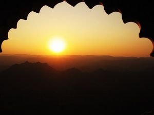 Watching the sun set from an upper room of the Monsoon Palace