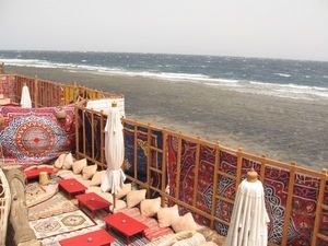 The shores of the Red Sea from a beachside cafe