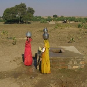 Women collecting water at a well in India