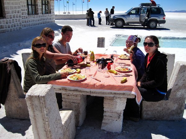 Eating Llama for lunch outside a salt hotel