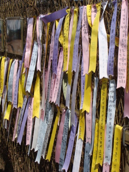 Ribbons with messages that lined the fences