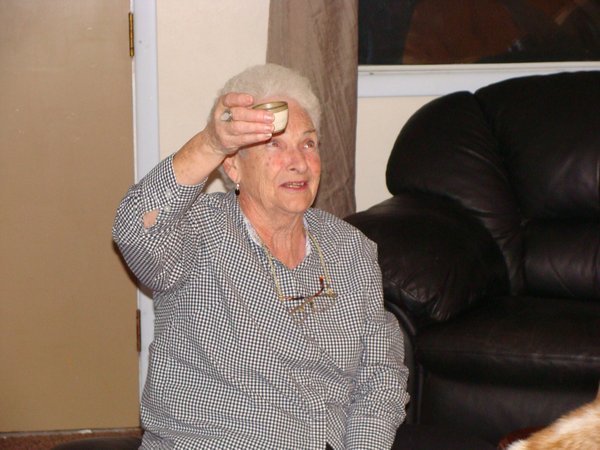 Grandma Rita with a big soju KONBAE!