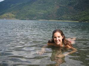 Ahh...the cold waters of the Sognefjord Fjord and proof Heather actually got in!