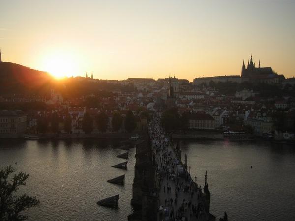 Sunset from the Charles Bridge with the Prague Castle to the right