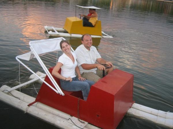 A paddleboat constructed of PVC piping