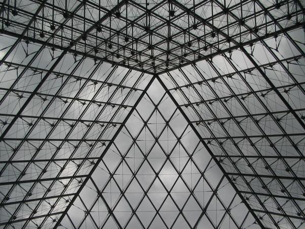 Inside the pyramid of the Louve, with 999 panels of glass