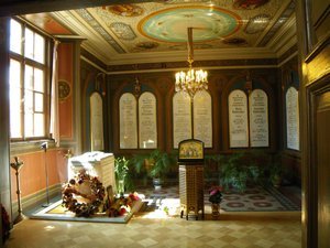 Tombstones marking the burial of Tsar Nicholas II and his family in St. Catherine's Chapel