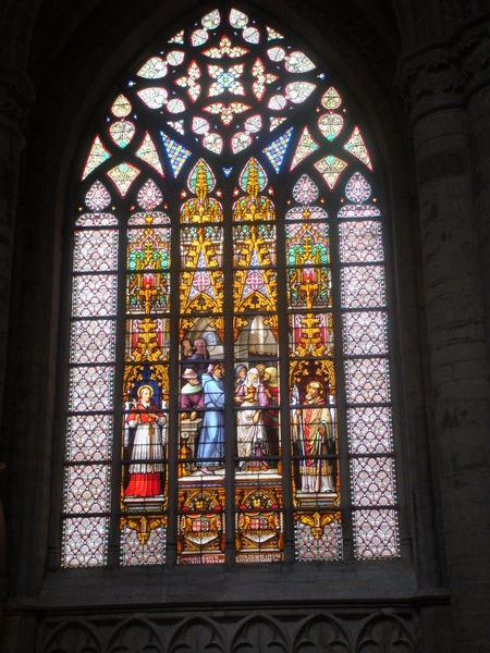 Stained glass window inside Brussels Cathedral