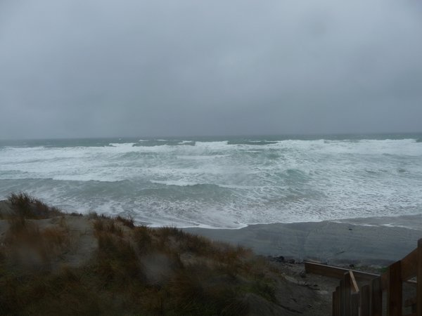 Yes it was raining and rough seas at Mangawhai Heads 