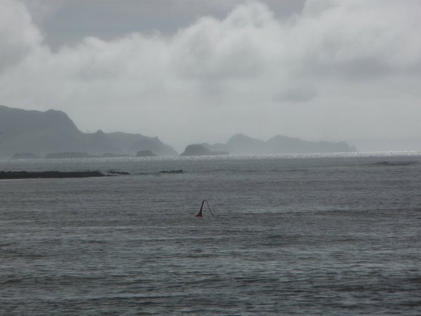Islands in the distance through the misty rain