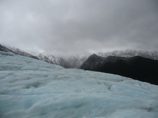 The view up the glacier to the mountains