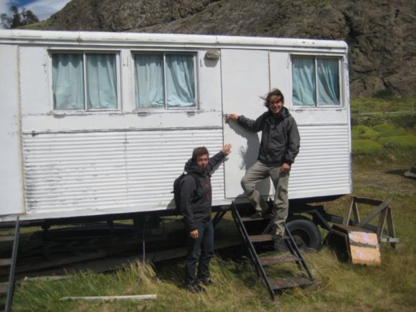Max and Tim proud of their caravan